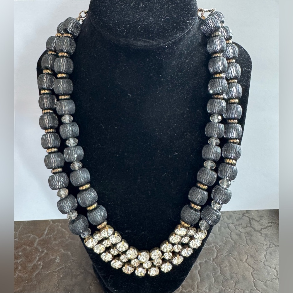 Chico's Black and Antique Brass Crystal & Rhinestone Necklace
